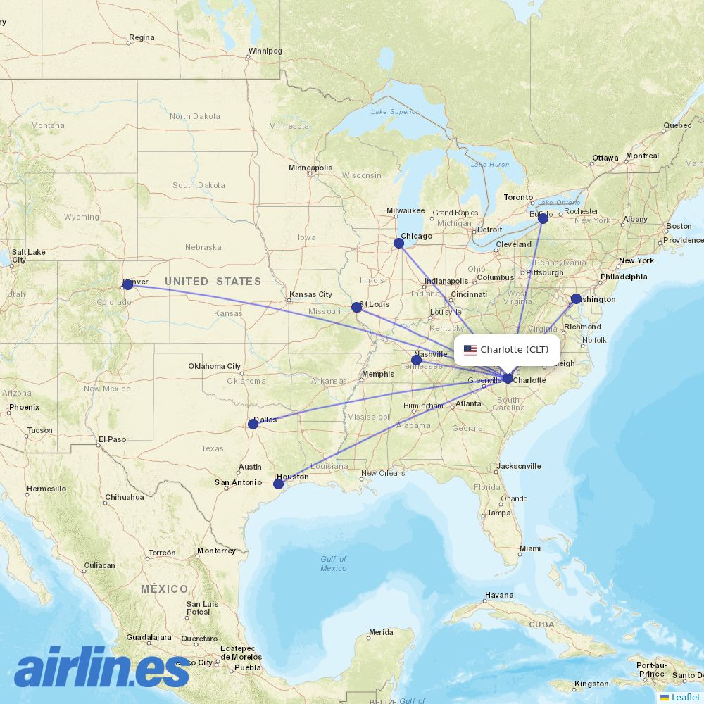 Southwest Airlines from Charlotte Douglas International destination map