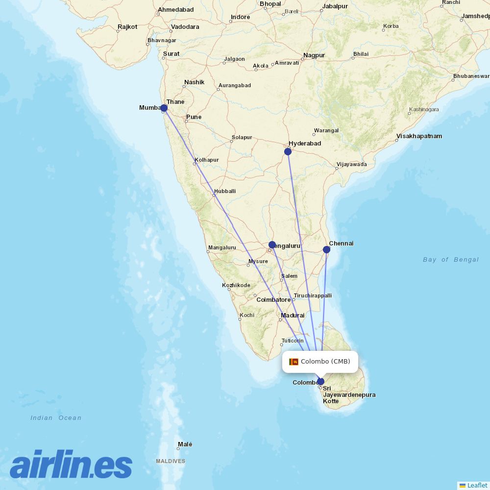 IndiGo from Bandaranaike International destination map