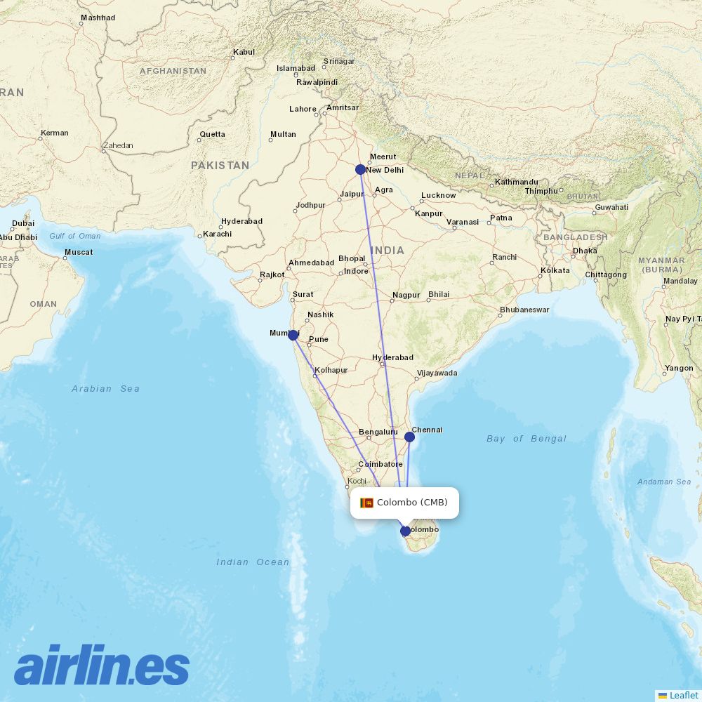 Air India from Bandaranaike International destination map