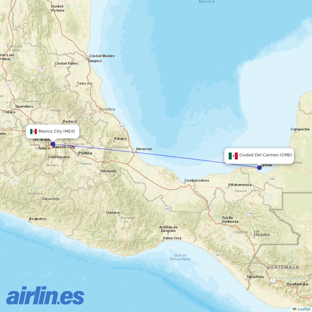 Aeromexico from Ciudad Del Carmen International destination map