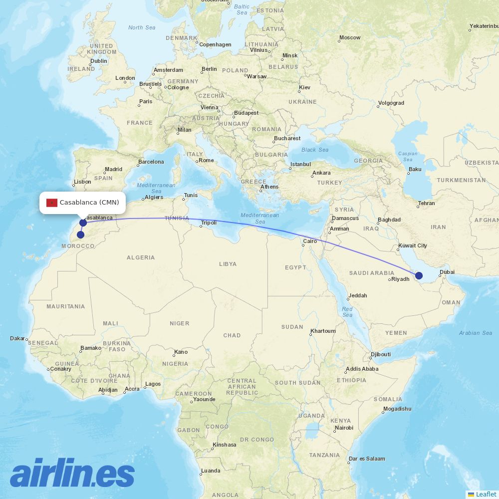 Qatar Airways from Mohammed V International Airport destination map