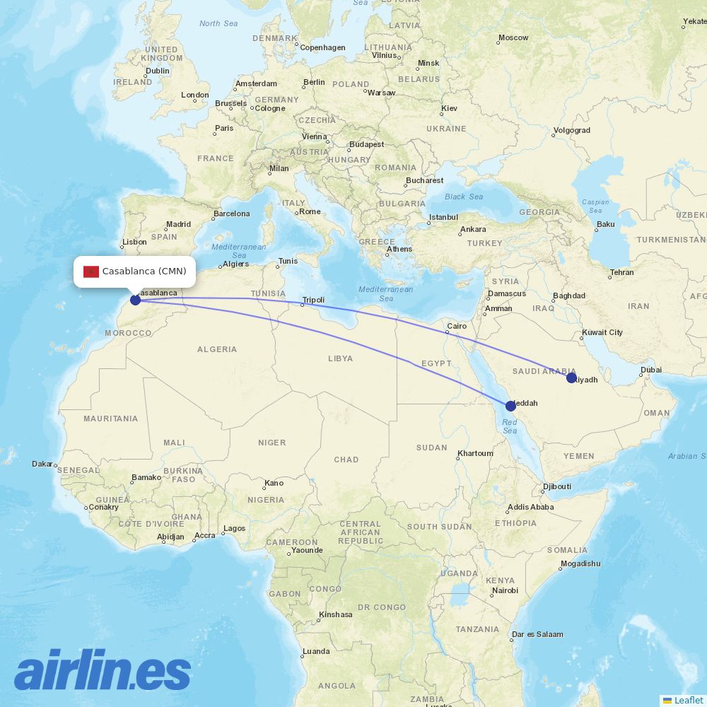 Saudia from Mohammed V International Airport destination map