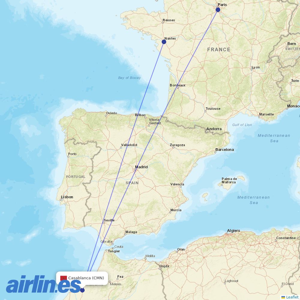 Transavia France from Mohammed V International Airport destination map