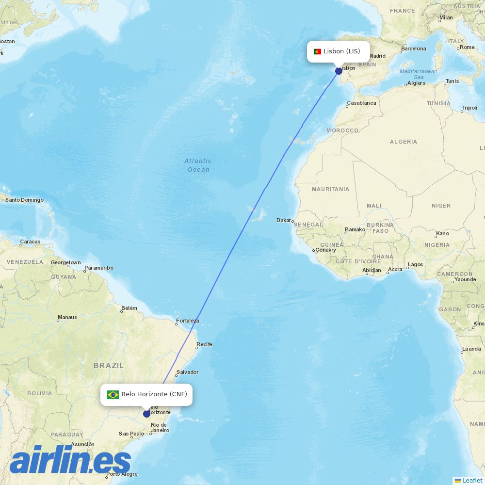 TAP Portugal from Belo Horizonte International Airport destination map