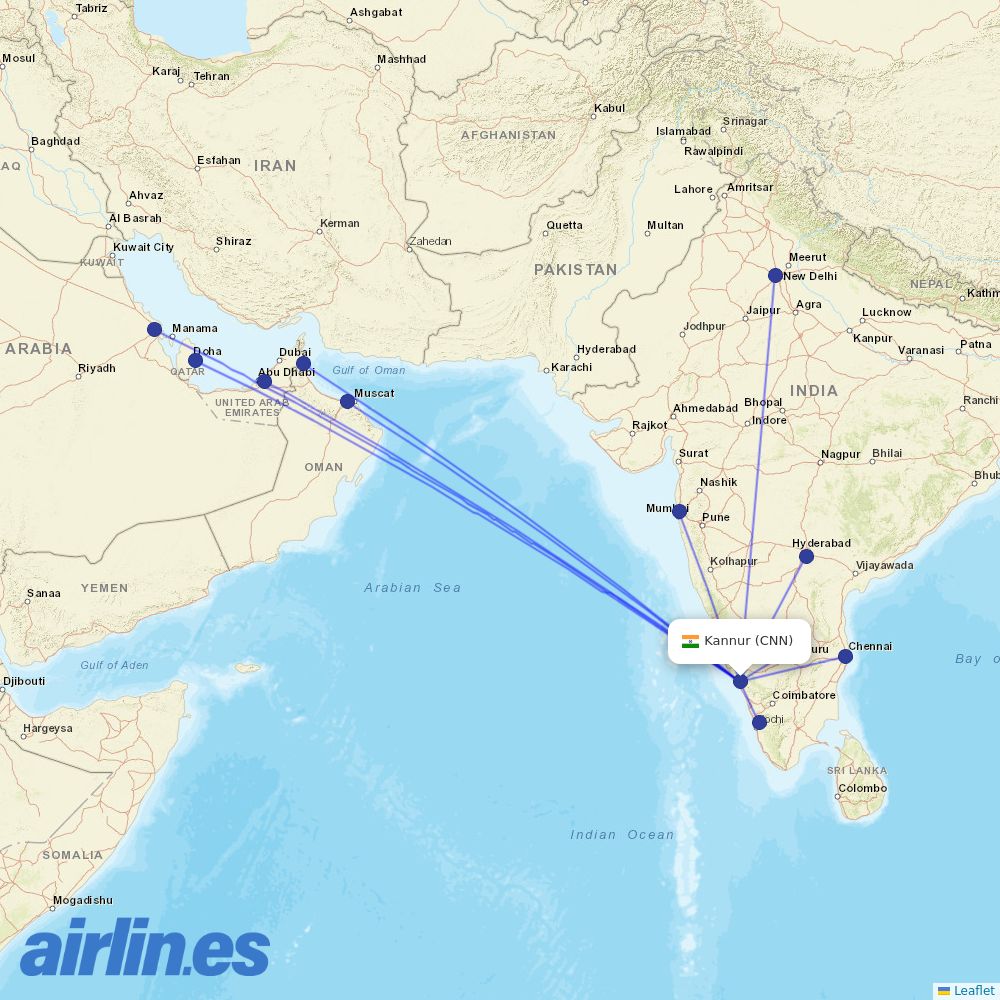 IndiGo from Kannur International Airport destination map