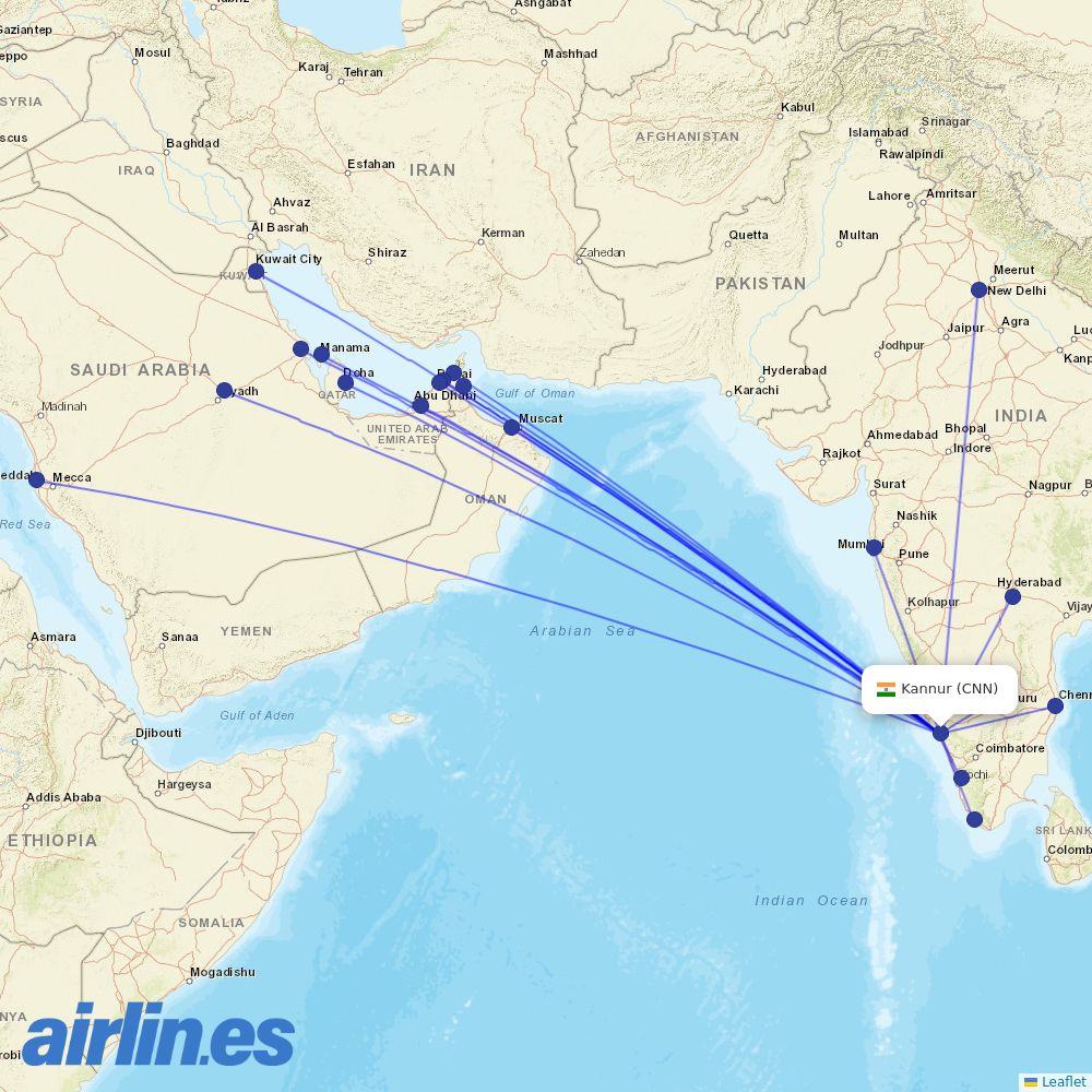 Air India Express from Kannur International Airport destination map