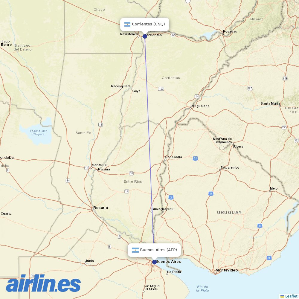 Felix Airways from Corrientes destination map