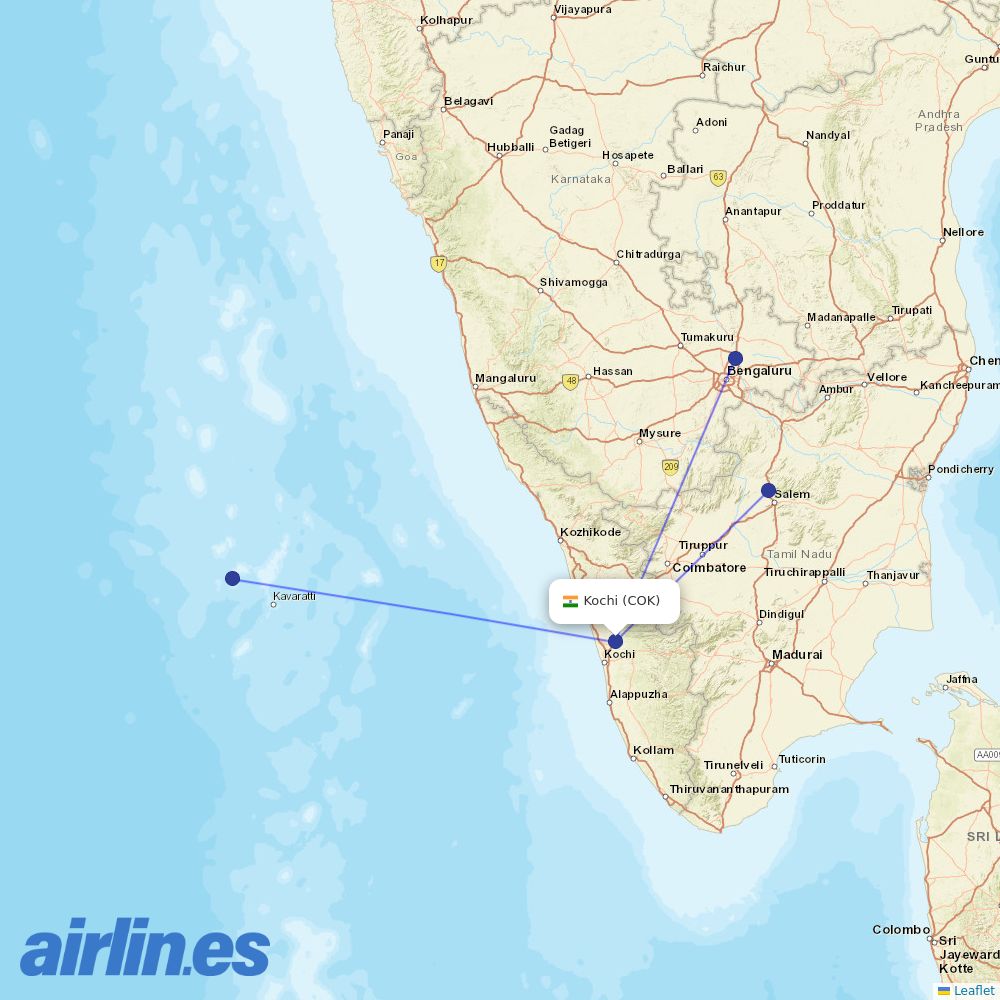 Alliance Air from Cochin destination map