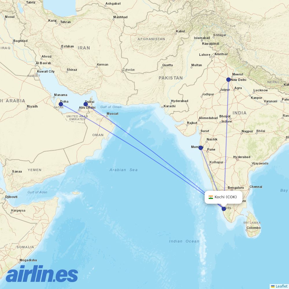 Air India at COK route map