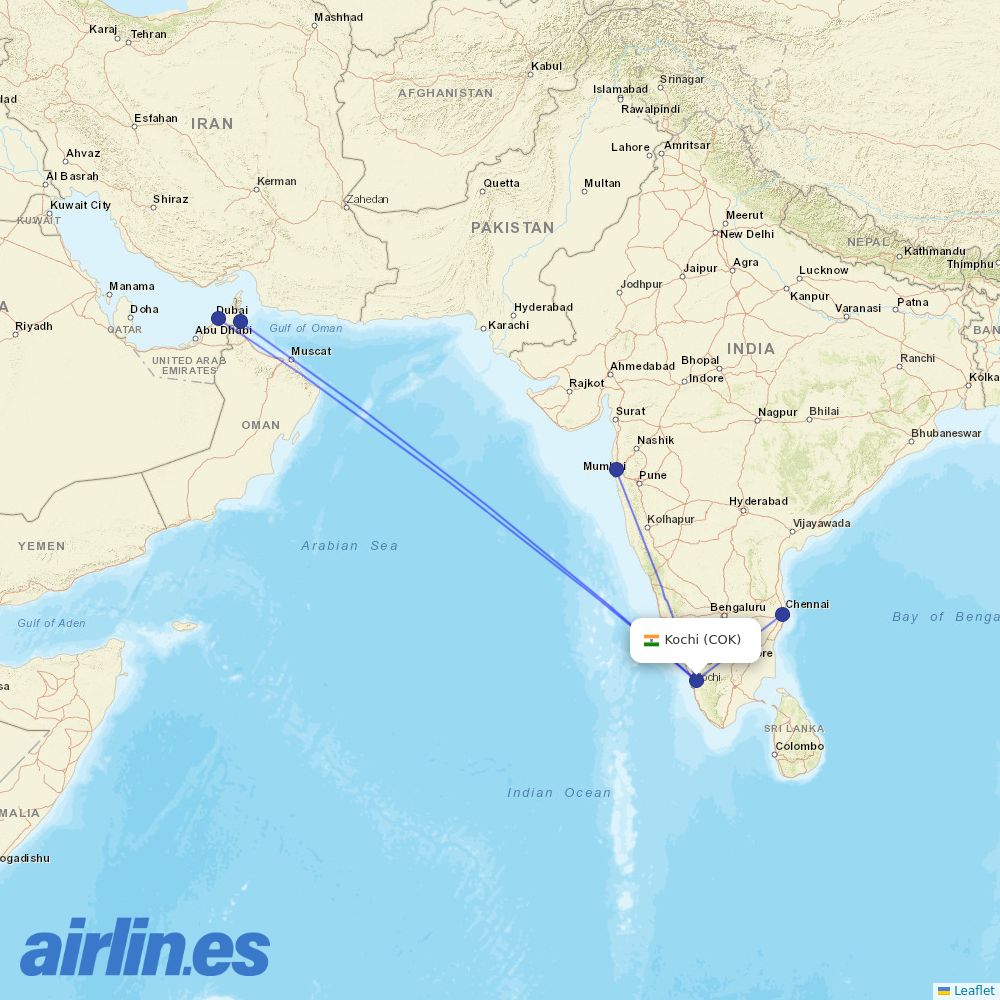 SpiceJet from Cochin destination map