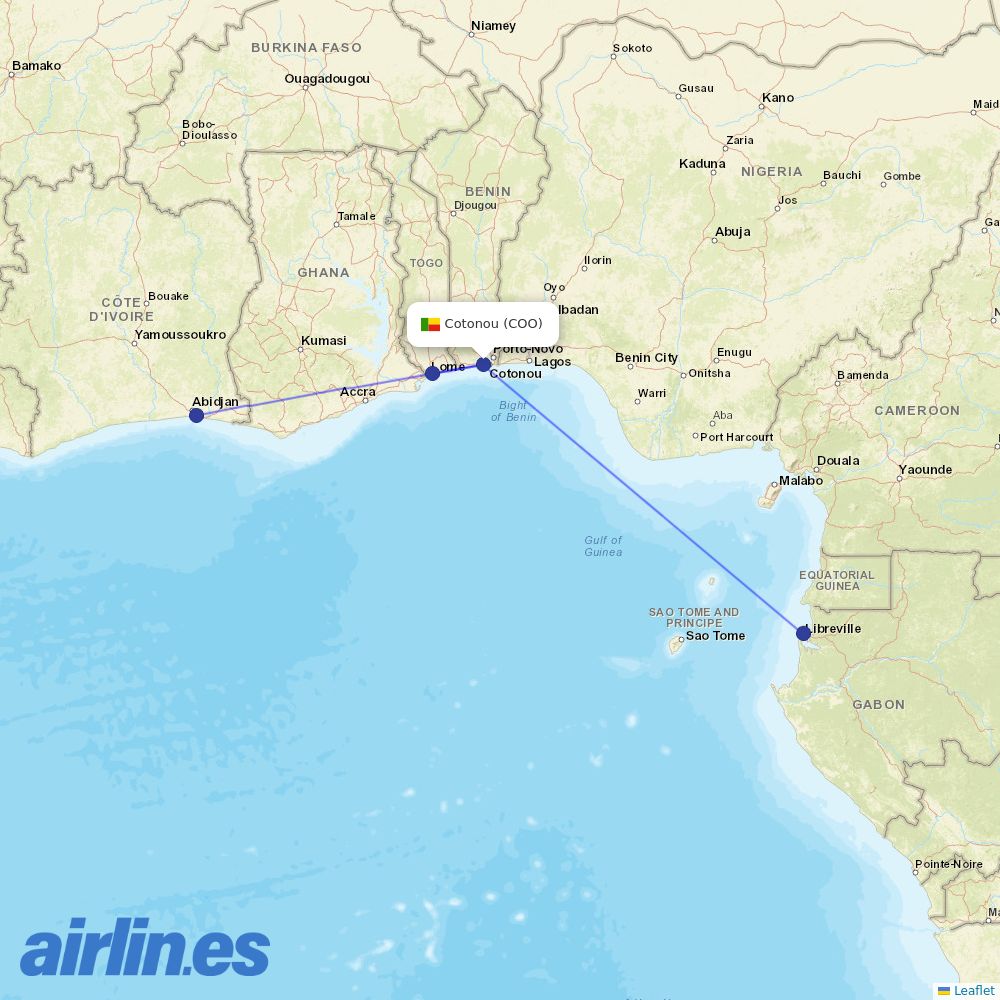 Air Cote DIvoire from Cotonou Cadjehoun destination map