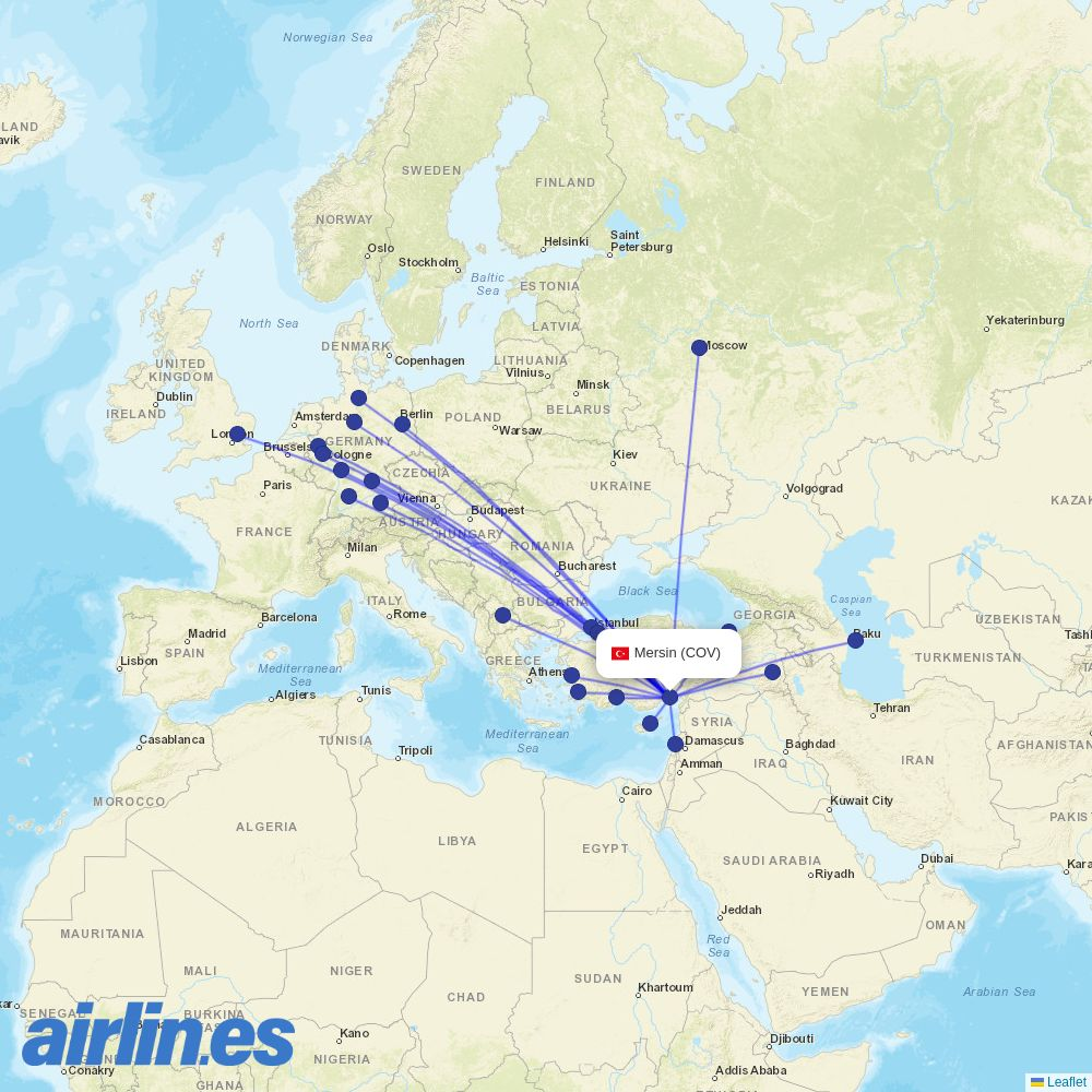 Pegasus from Cukurova International Airport destination map