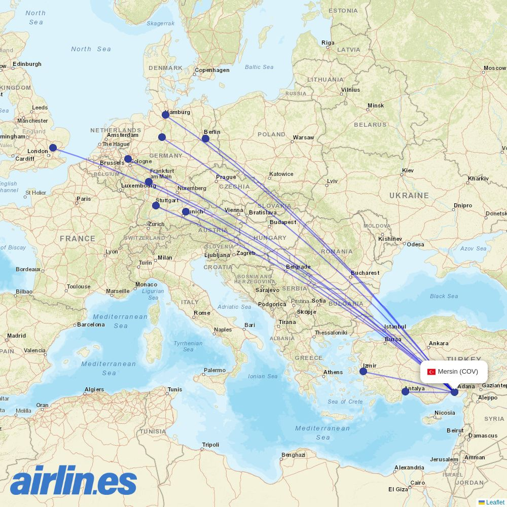 SunExpress from Cukurova International Airport destination map