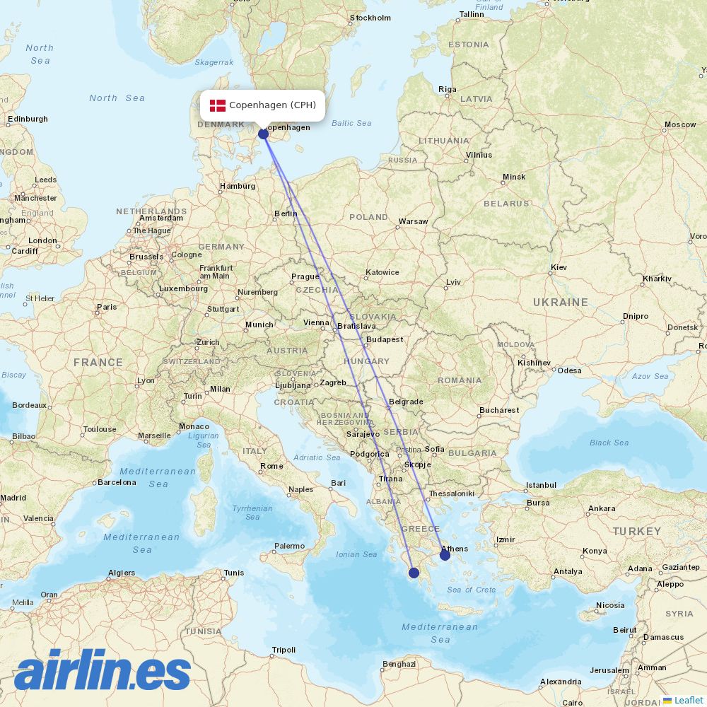 Aegean Airlines from Copenhagen Airport destination map