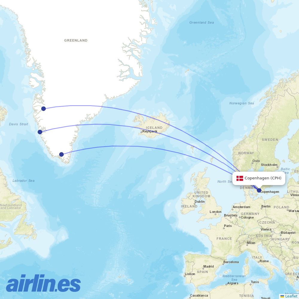 Air Greenland from Copenhagen Airport destination map