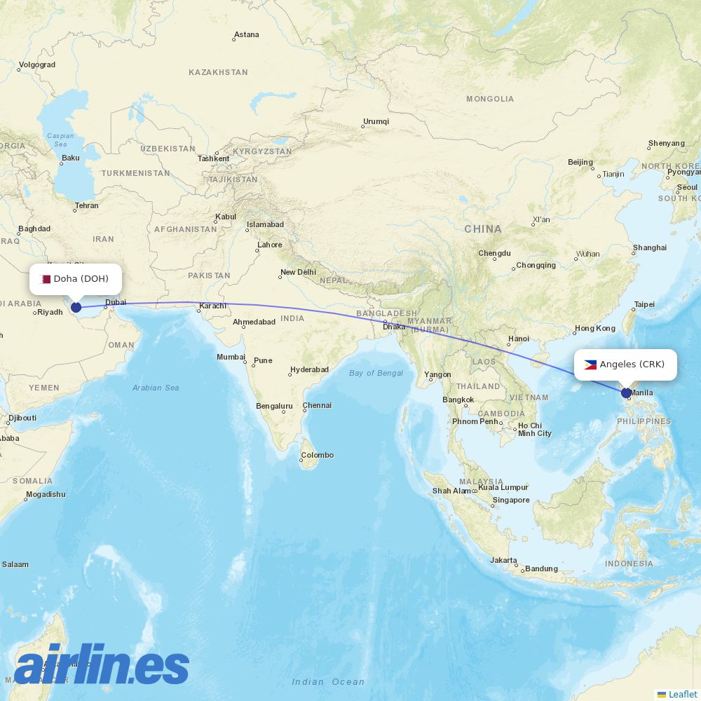 Qatar Airways from Diosdado Macapagal International destination map