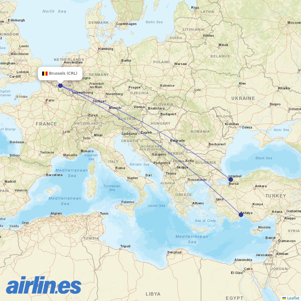 Pegasus from Brussels South Charleroi Airport destination map