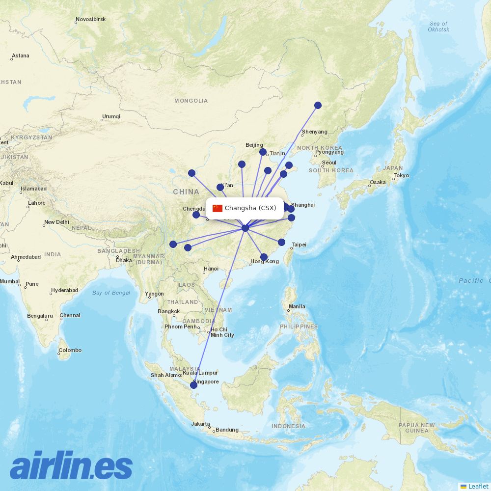 China Eastern Airlines from Changsha Huanghua Airport destination map