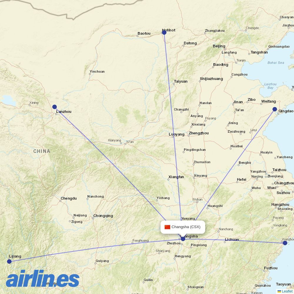 Qingdao Airlines from Changsha Huanghua Airport destination map