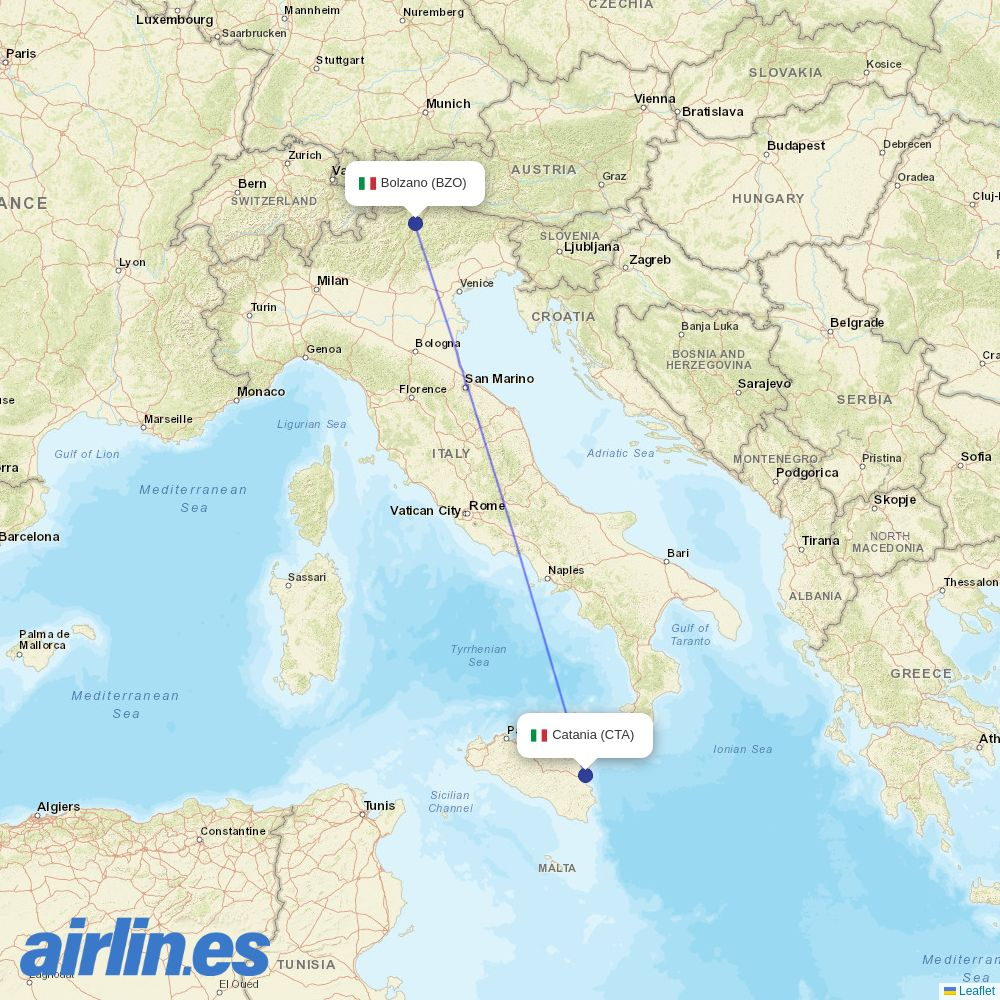 Sky Alps from Catania Fontanarossa Airport destination map