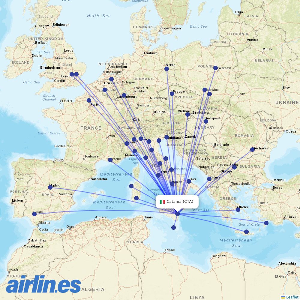 Ryanair from Catania Fontanarossa Airport destination map