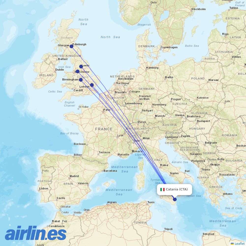 Jet2 from Catania Fontanarossa Airport destination map