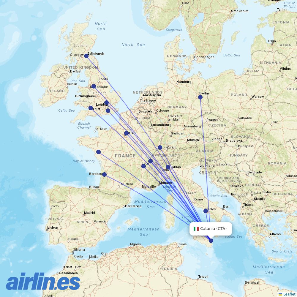 easyJet from Catania Fontanarossa Airport destination map