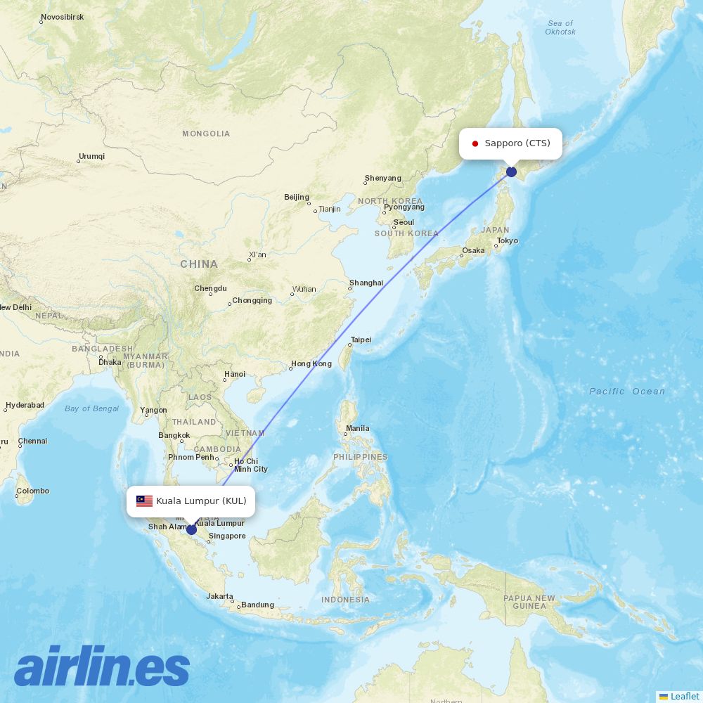 AirAsia X from Sapporo destination map
