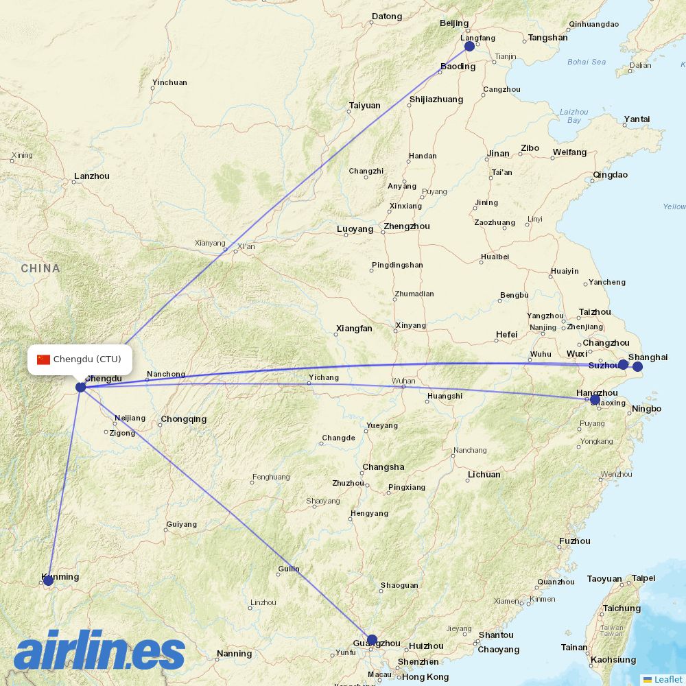 China Eastern Airlines from Chengdu Shuangliu International Airport destination map
