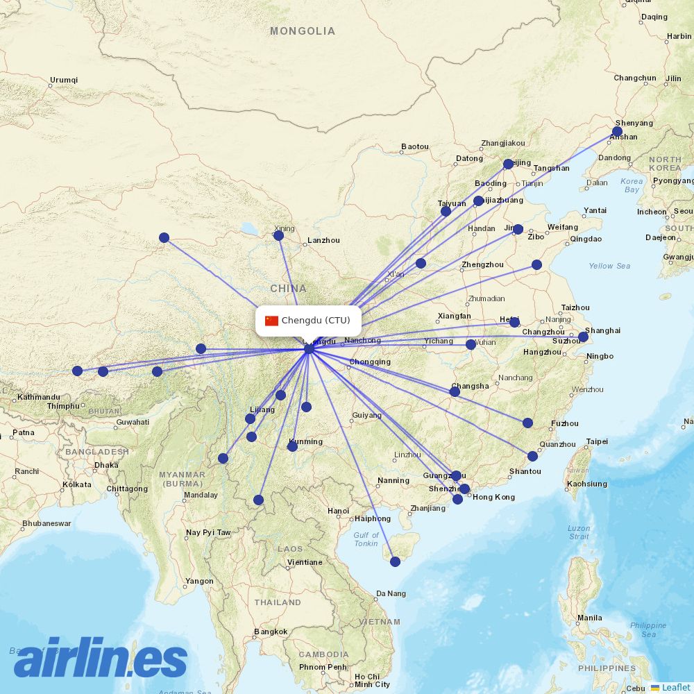 Tibet Airlines from Chengdu Shuangliu International Airport destination map