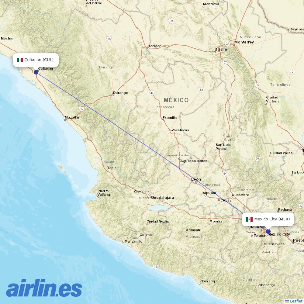 Aeromexico from Culiacan International destination map