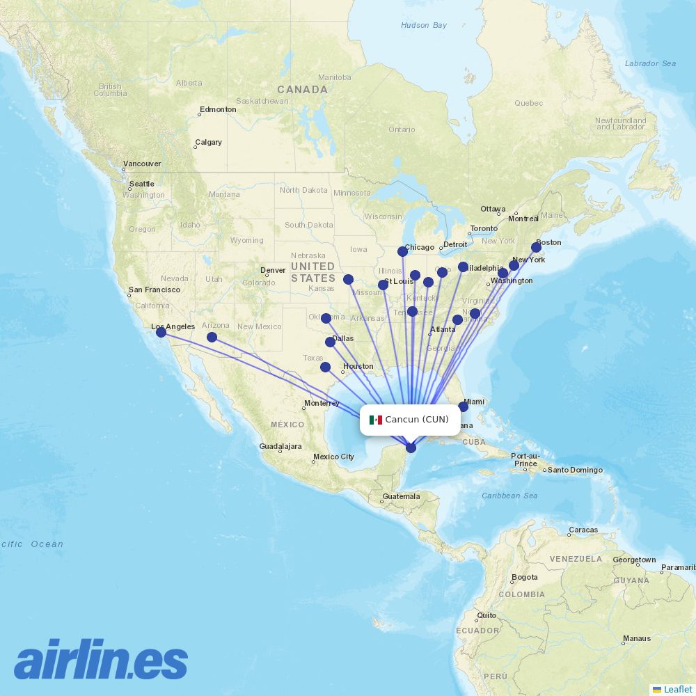 American Airlines from Cancun International Airport destination map