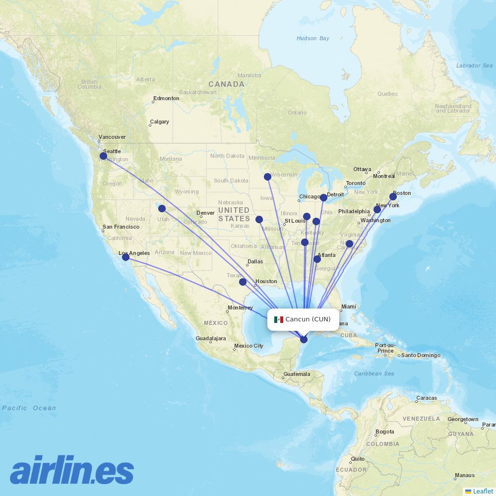 Delta Air Lines from Cancun International Airport destination map