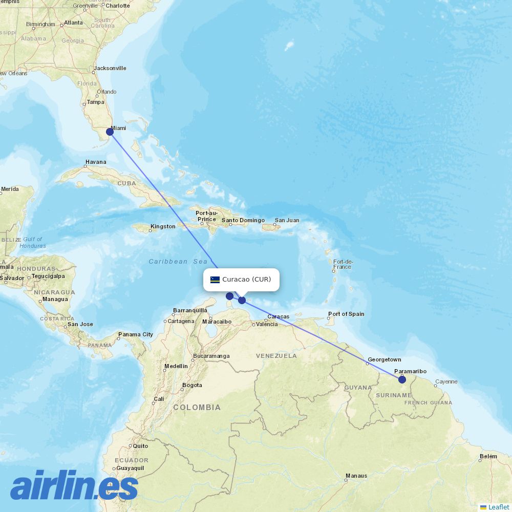 Surinam Airways at CUR route map