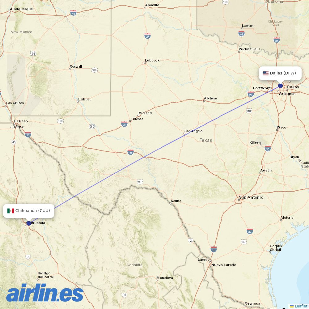 American Airlines from Gen Fierro Villalobos Airport destination map