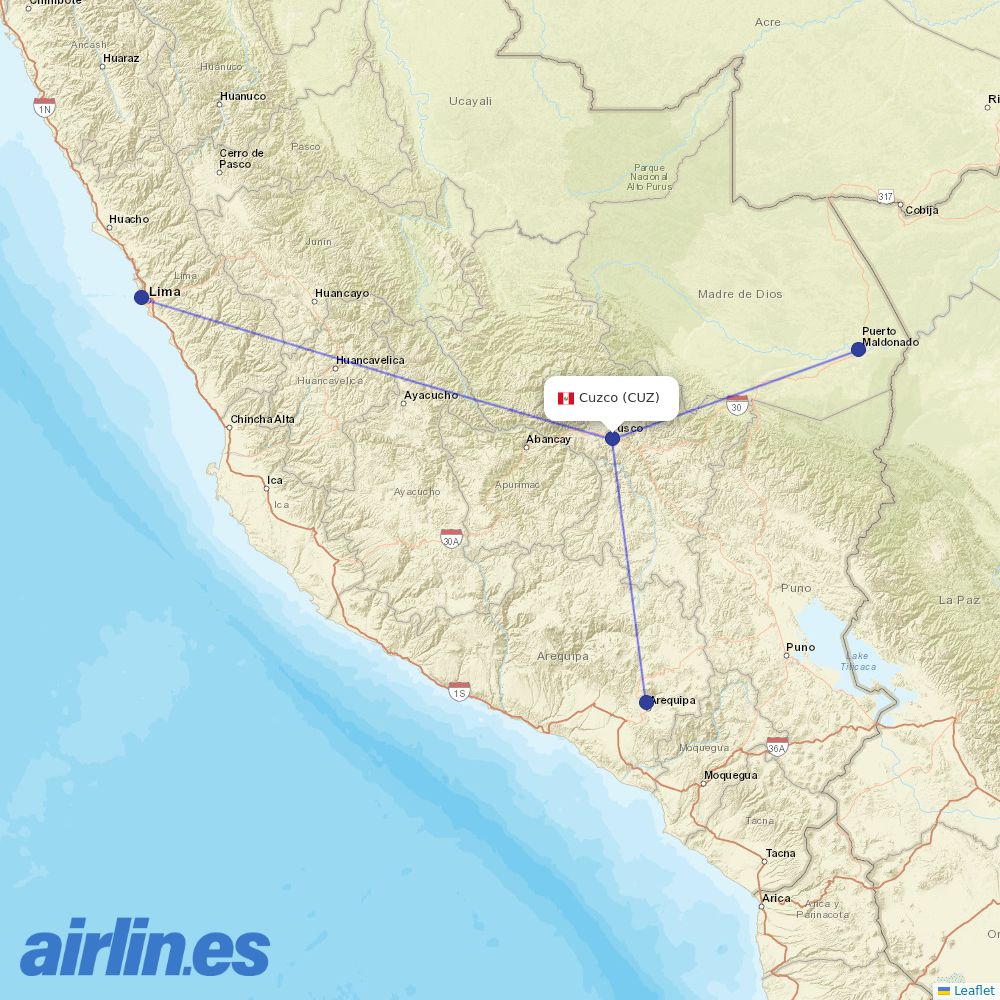 Sky Airline from Velazco Astete destination map