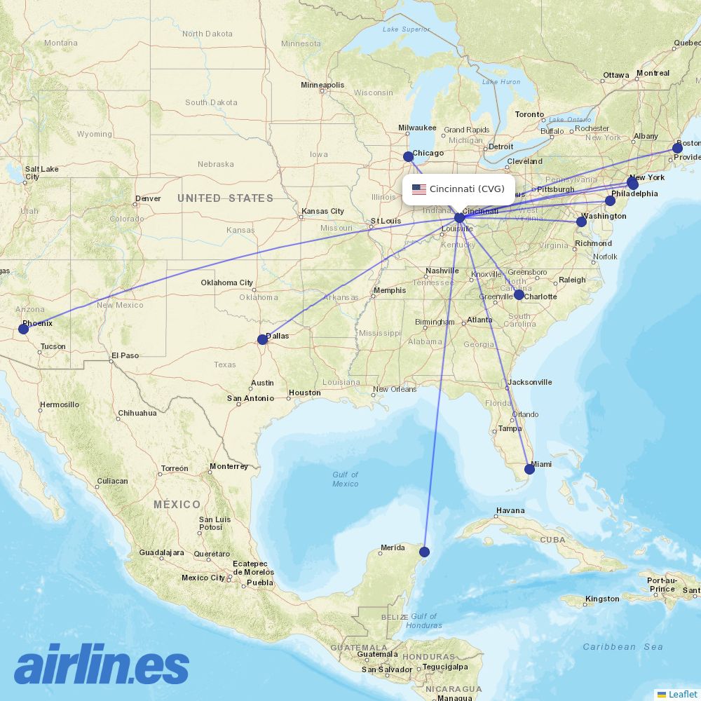 American Airlines from Cincinnati Northern Kentucky International destination map