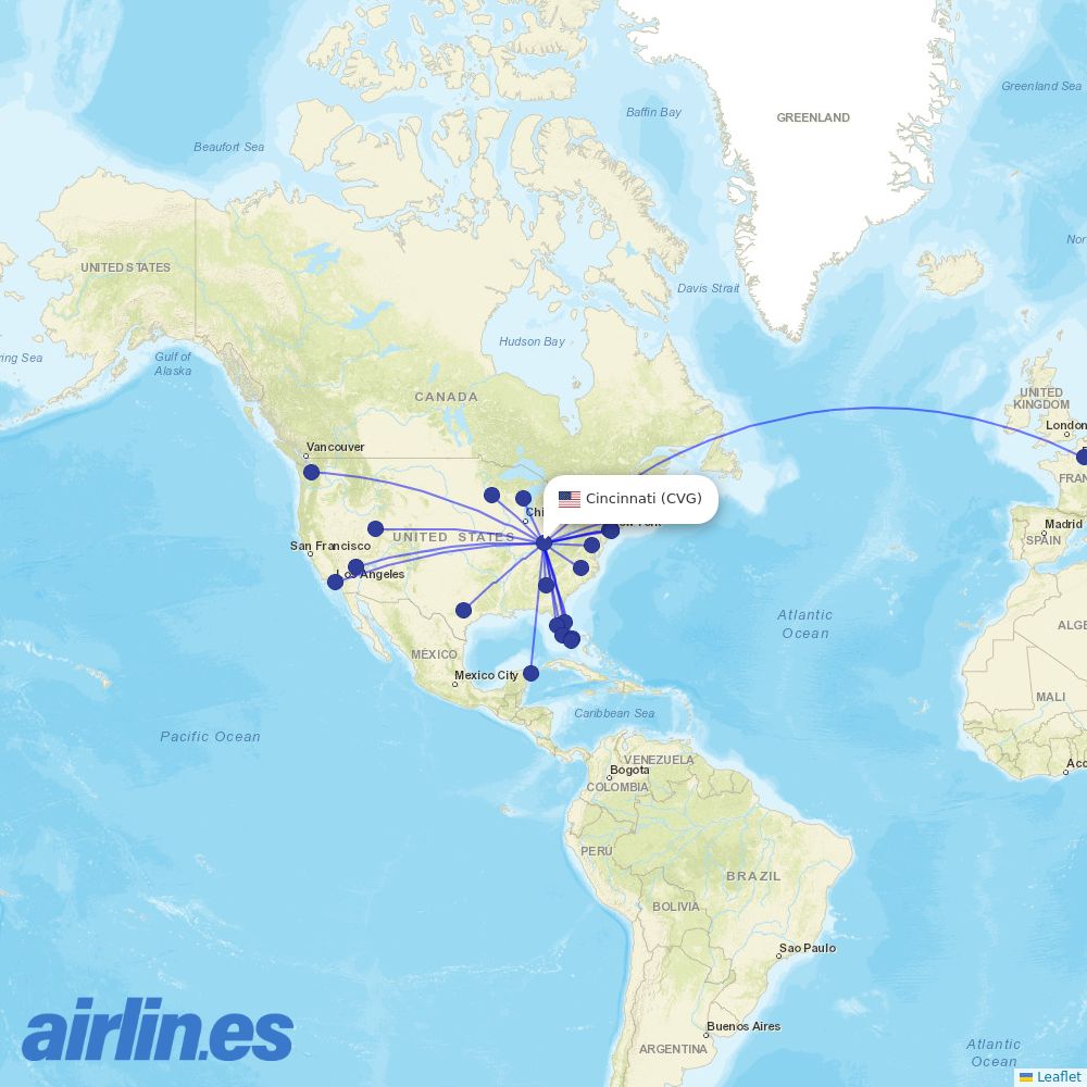 Delta Air Lines from Cincinnati Northern Kentucky International destination map