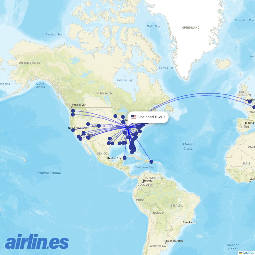Frontier Airlines from Cincinnati Northern Kentucky International destination map