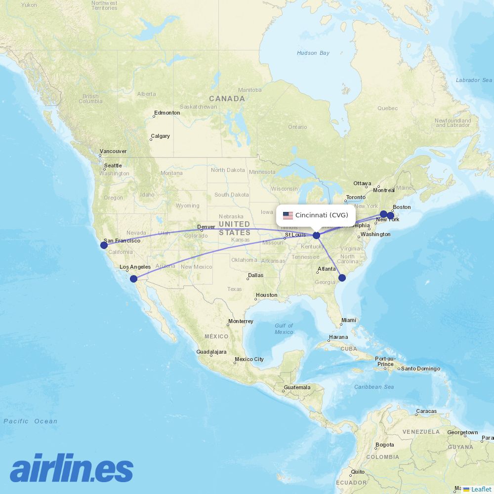 Breeze Airways from Cincinnati Northern Kentucky International destination map