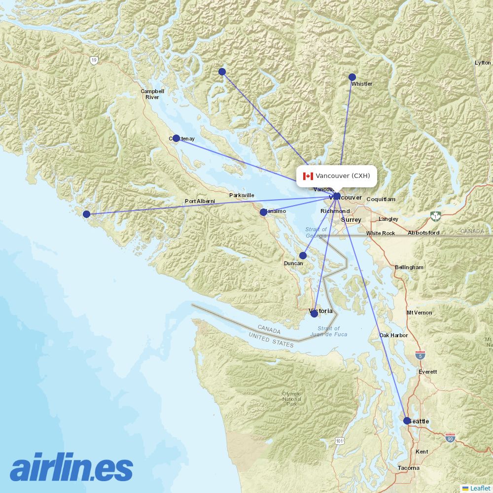 Harbour Air from Vancouver Coal Harbour destination map