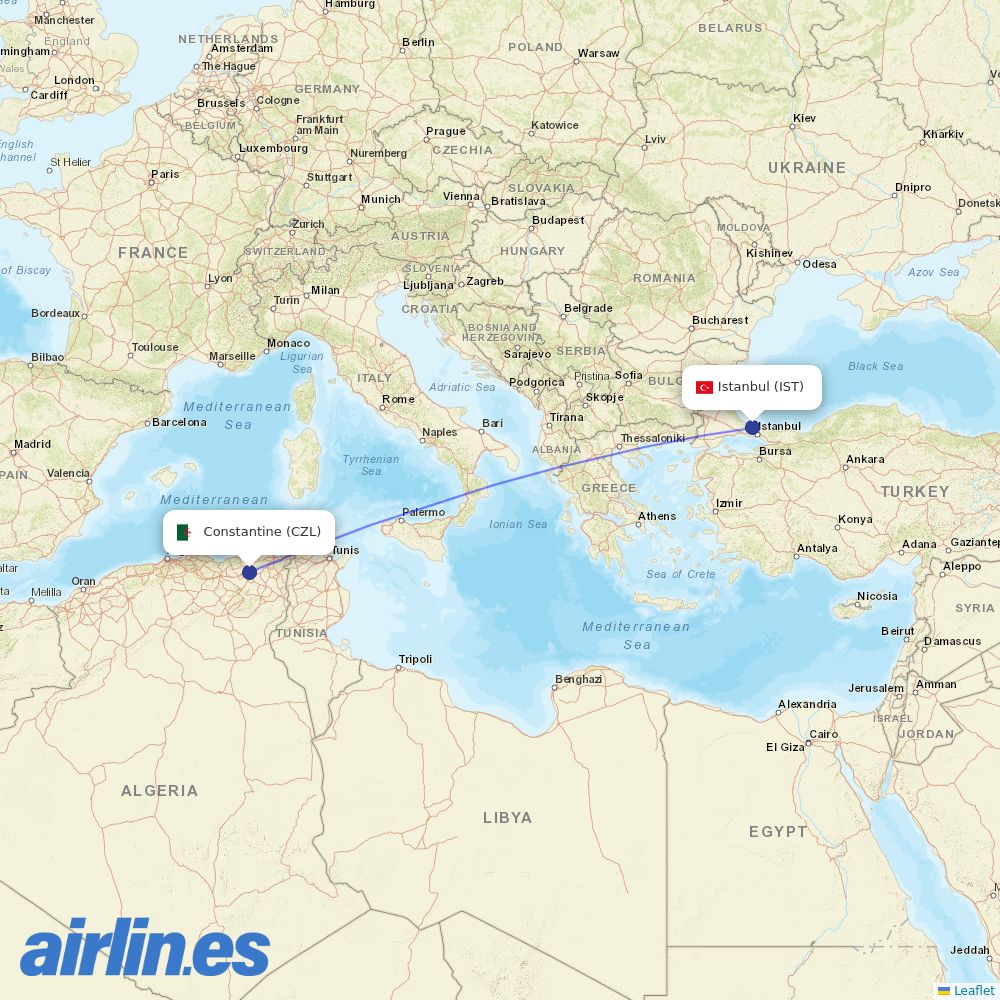 Turkish Airlines from Mohamed Boudiaf International destination map