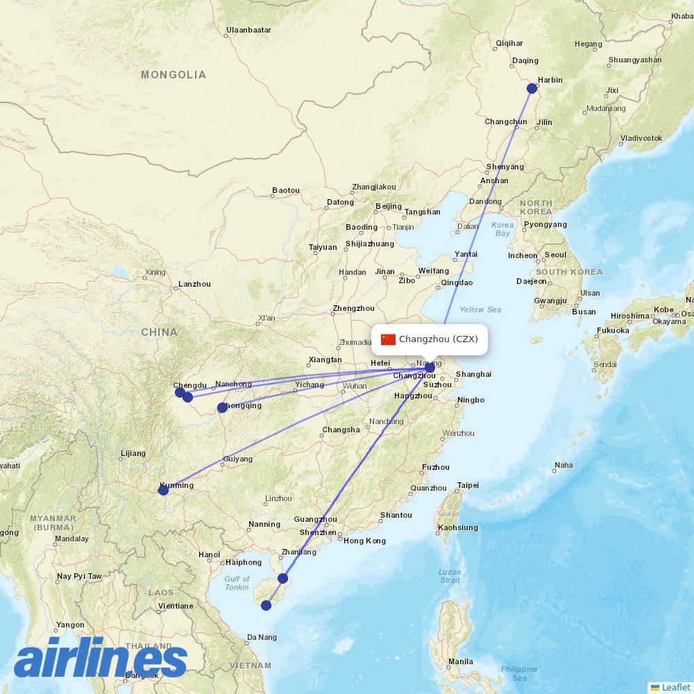 Sichuan Airlines from Changzhou destination map