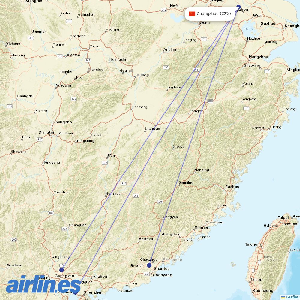 China Southern Airlines from Changzhou destination map