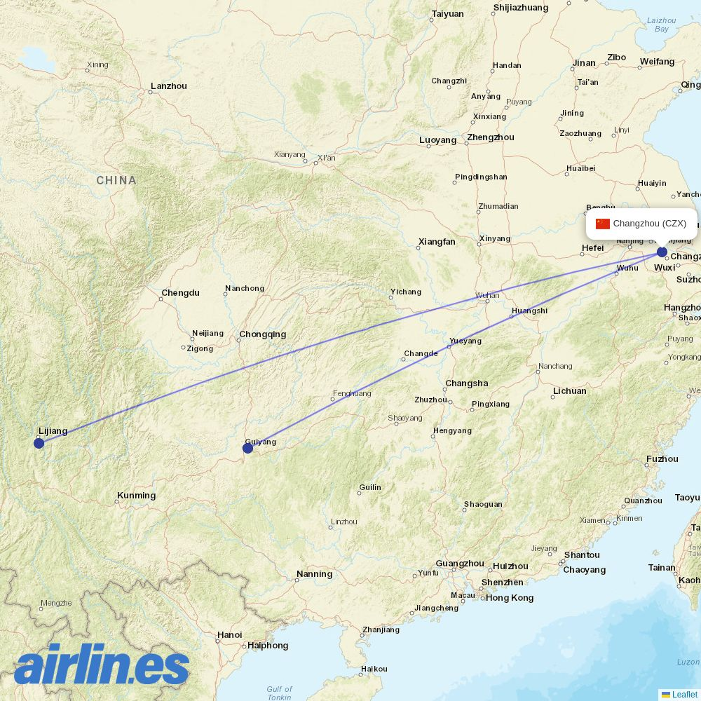 Ruili Airlines from Changzhou destination map