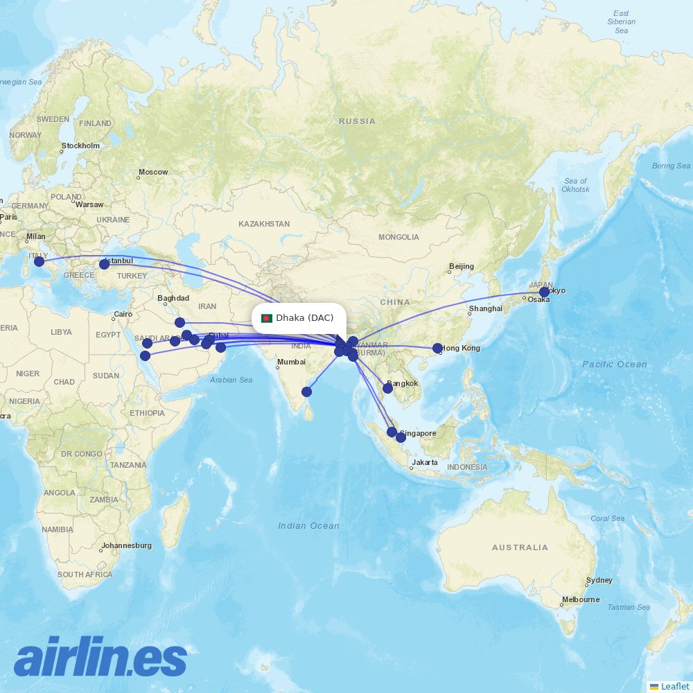 Biman Bangladesh Airlines from Zia International destination map