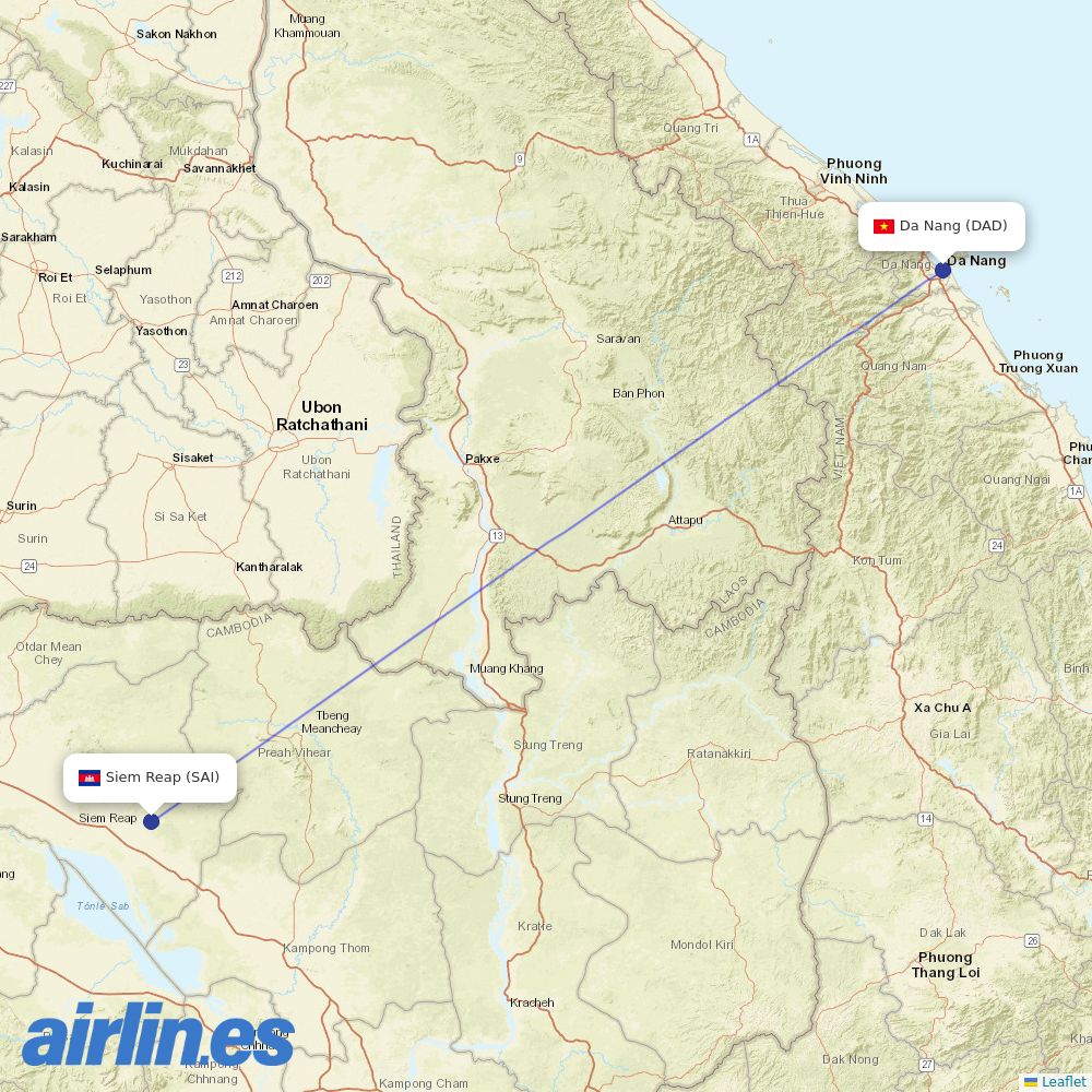 Air Cambodia from Da Nang destination map
