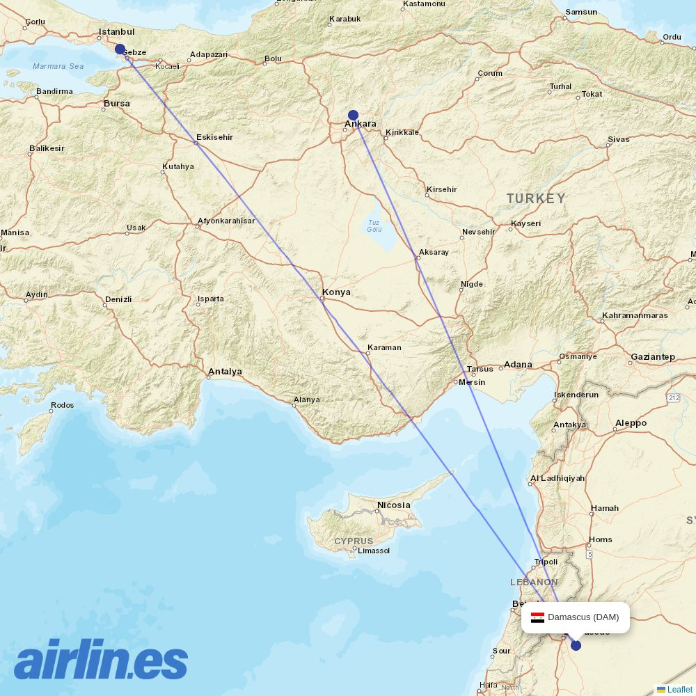 AJet from Damascus International destination map