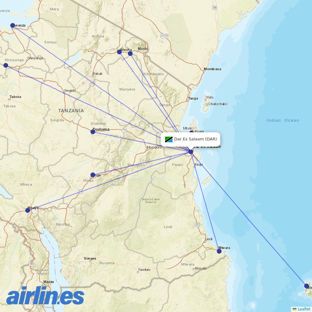 Precision Air from Dar Es Salaam destination map