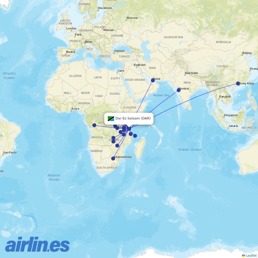 Air Tanzania from Dar Es Salaam destination map